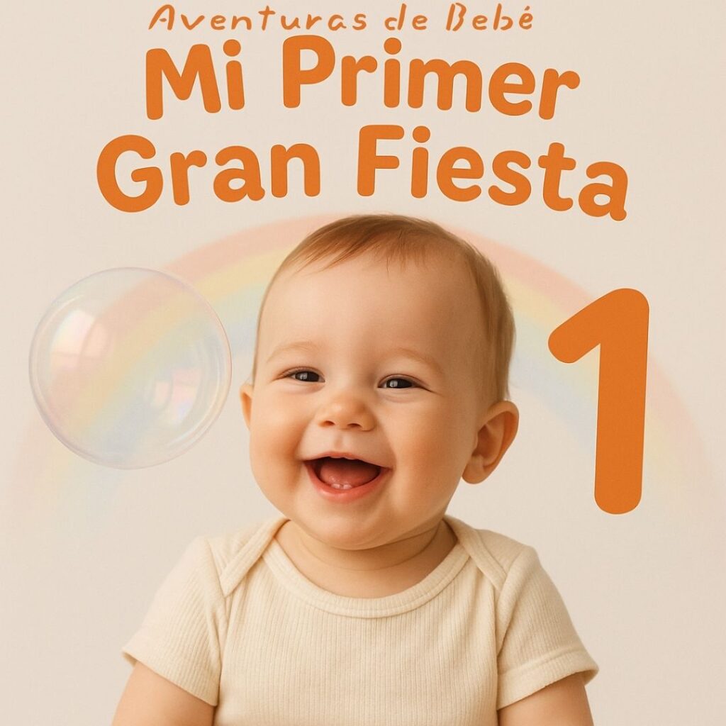 Foto de un bebé sonriendo con una burbuja gigante cerca y un arcoíris sutil (como el de tu logo). Gran número 1, 2, o 3 con tipografía amigable. Título: "Mi Primer Gran Fiesta" o "Aventuras de Bebé".